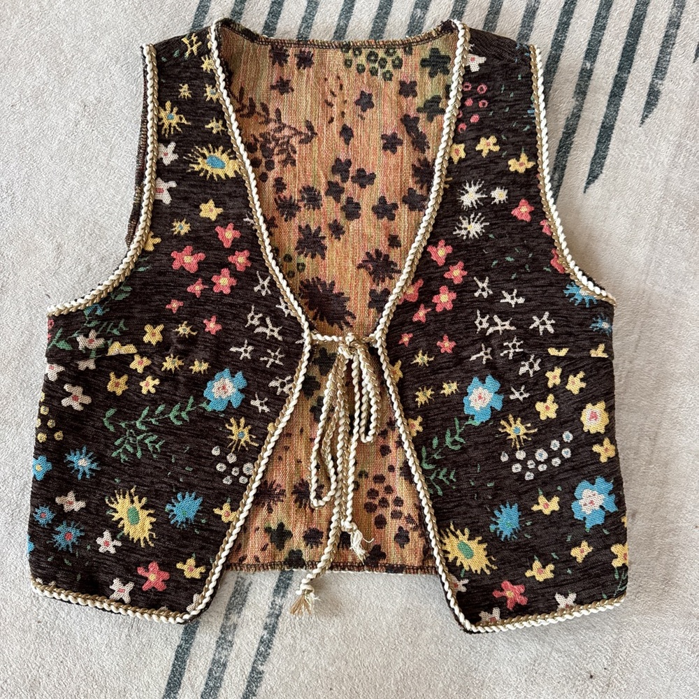 Boho Tapestry Tie Front Vest Festival Cottagecore Layering Coquette Girl brown - Picture 2 of 12